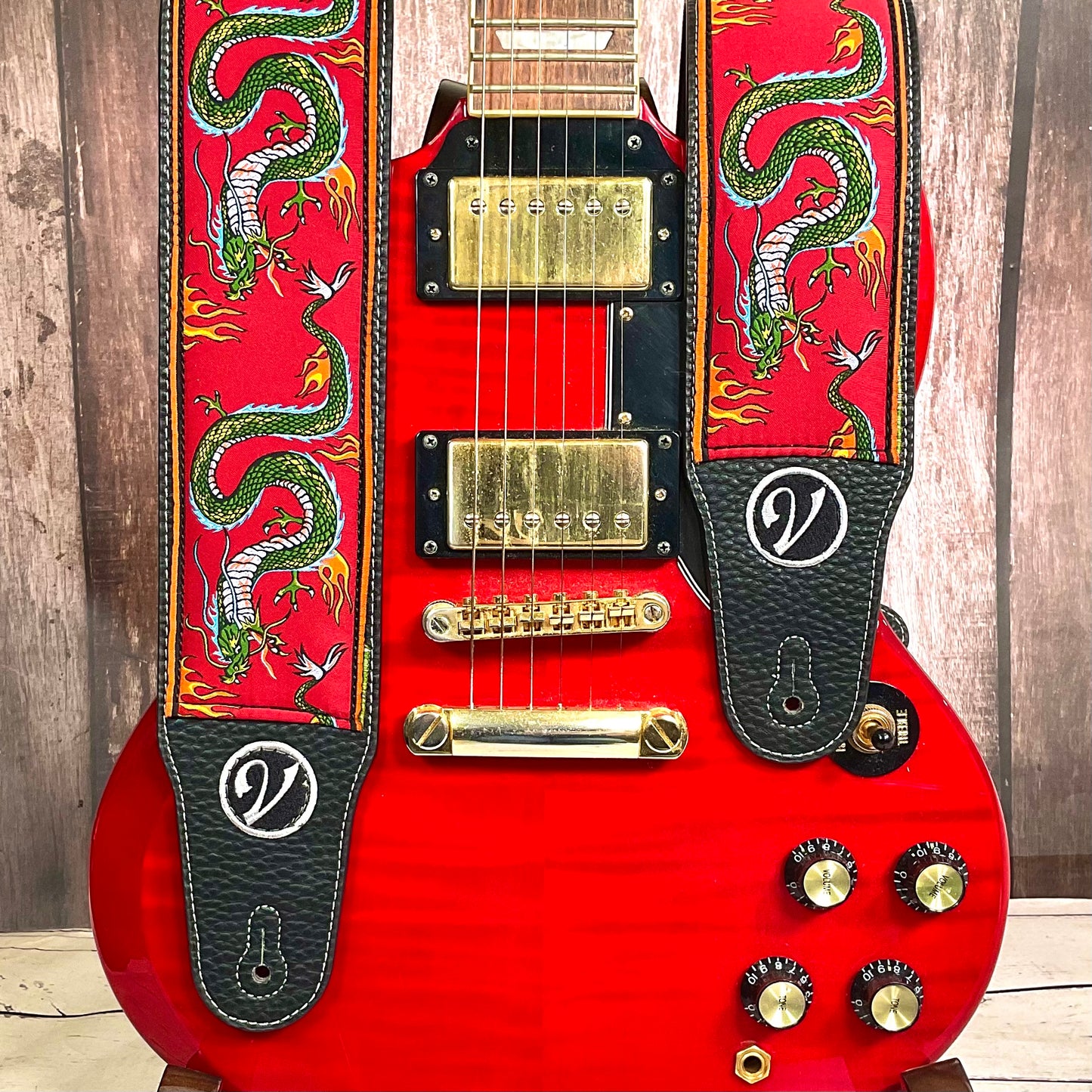 The Jimmy Page Dragon Suit Guitar Strap in Red- Vtar Vegan Guitar Straps