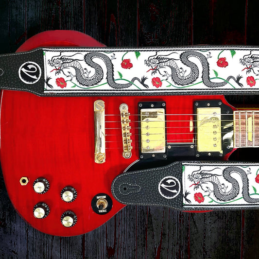 The Jimmy Page Dragon Suit Guitar Strap in White - Vtar Vegan Guitar Straps