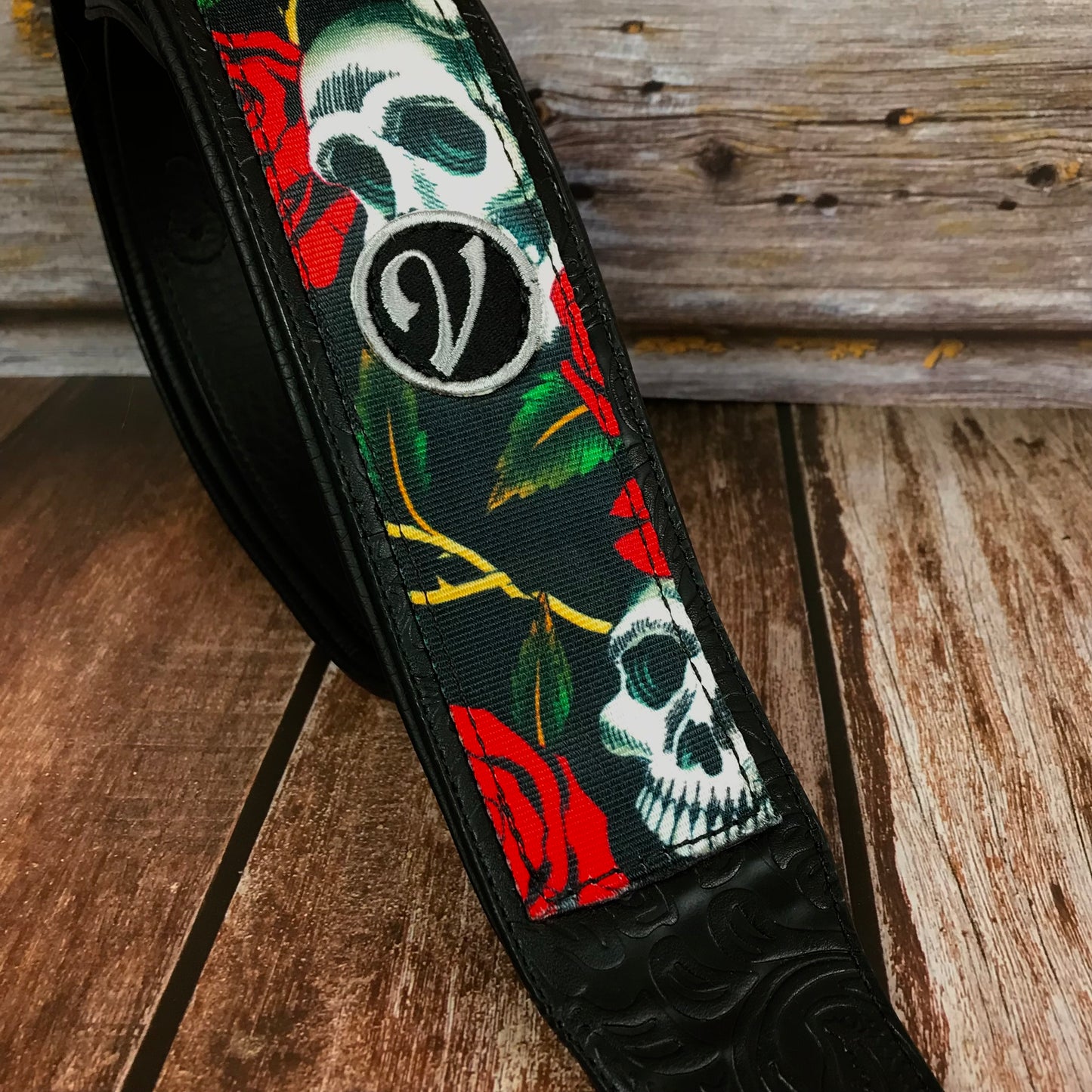 Guitar Strap - Vegan Padded Skull and Rose by Vtar