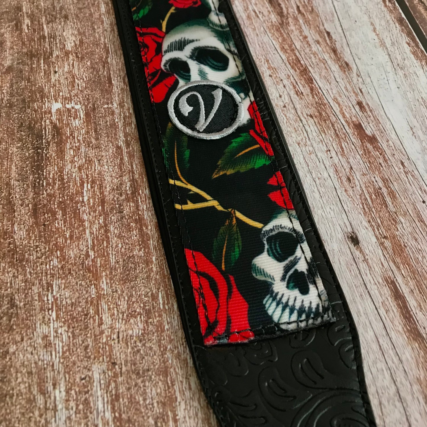 Guitar Strap - Vegan Padded Skull and Rose by Vtar