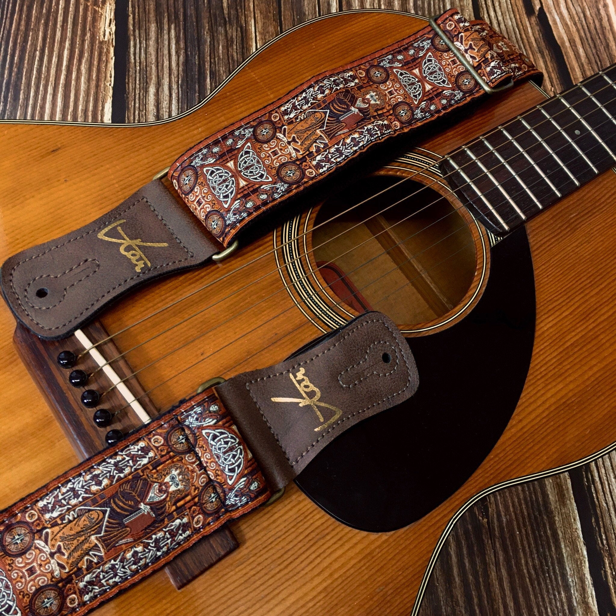 Handmade Irish Celtic Book deals Of Kells Red Hemp Guitar Strap by VTAR, Made with Brown Vegan Leather & Brass Details Acoustic, Bass and Electric